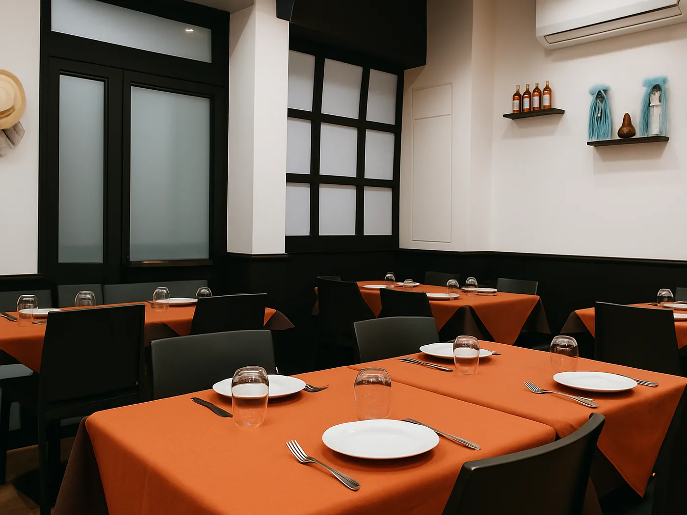 La sala del ristorante con i tavoli apparecchiati e le tovaglie arancioni