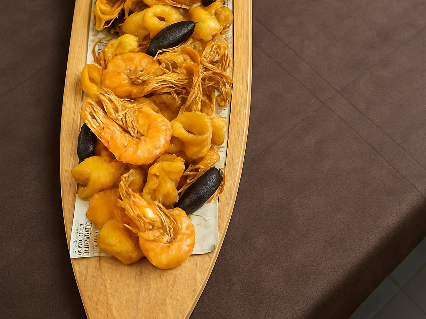 Frittura di paranza con gamberi e calamari servita sul tagliere di legno