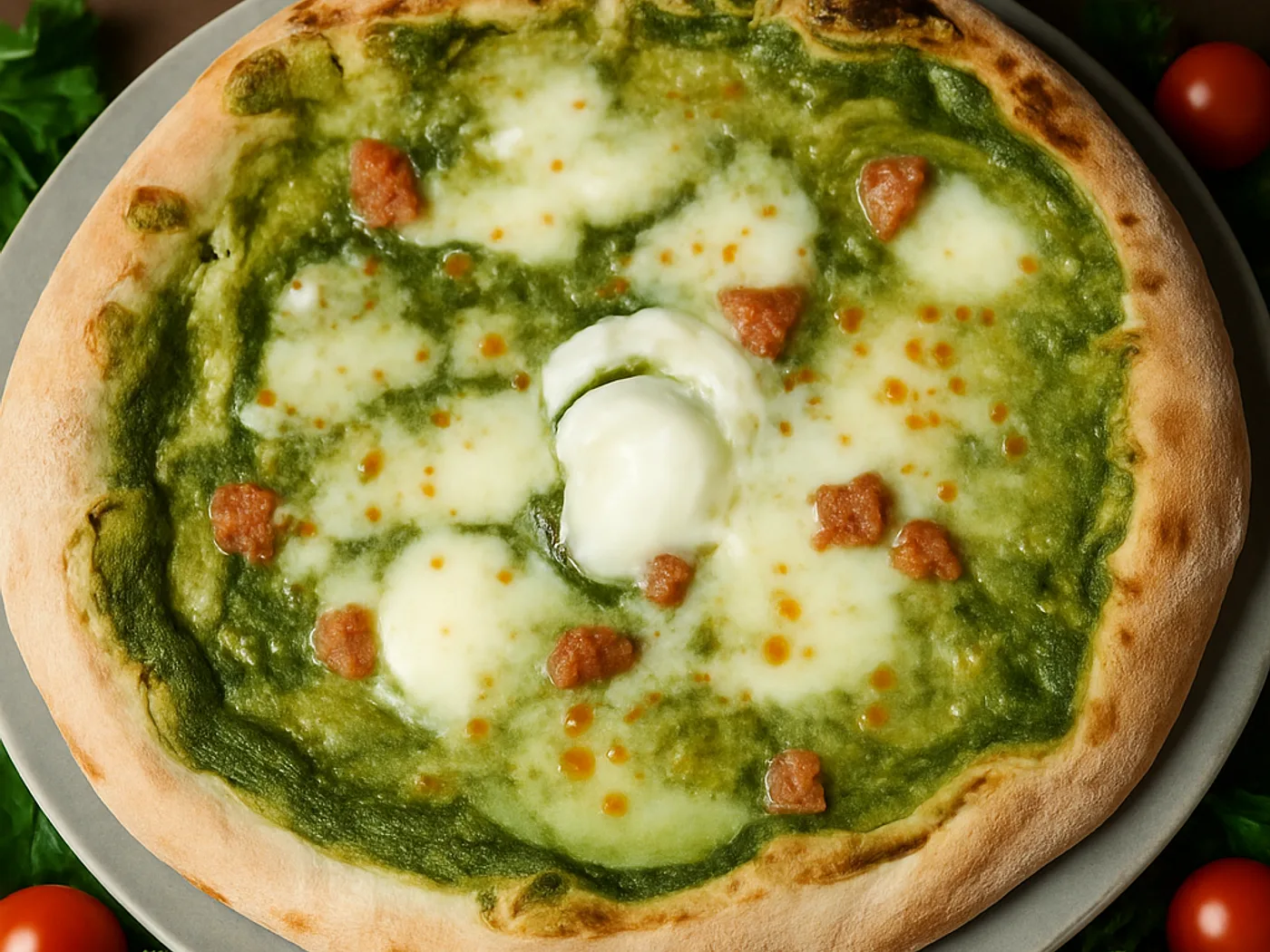 Pizza con crema di friarielli, mozzarella di bufala e salsiccia