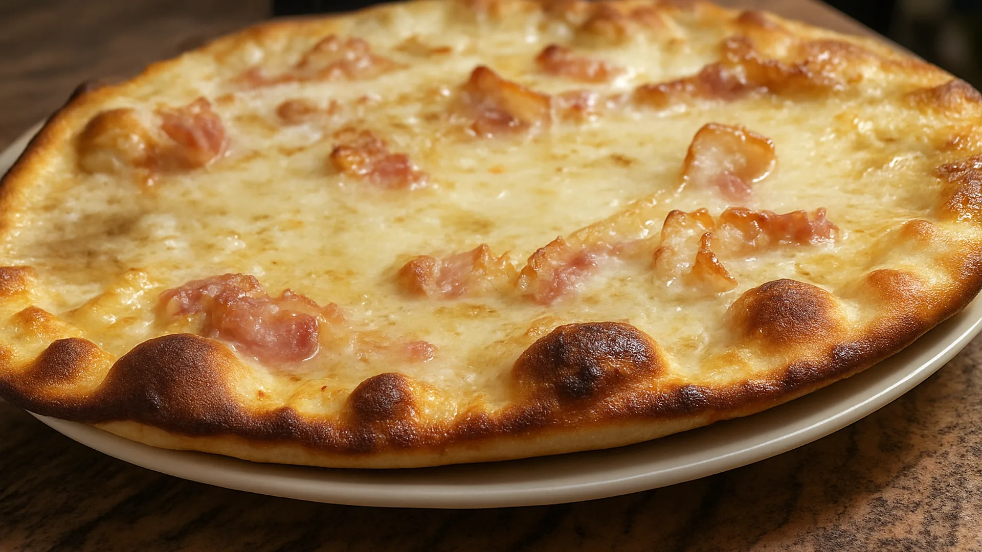 Pizza con pancetta e fior di latte appena sfornata, cornicione dorato